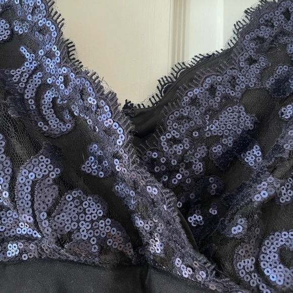 Tadashi Shoji Sequin Lace Banded Navy Black Sheath Cocktail Dress Whimsigoth - Picture 10 of 12